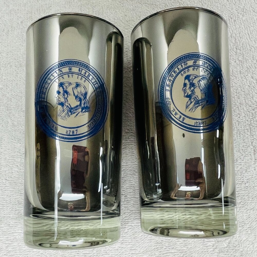 EUC S/2 Franklin & Marshall College Highball Glasses, Smoky Glass, Logo (#1of2)